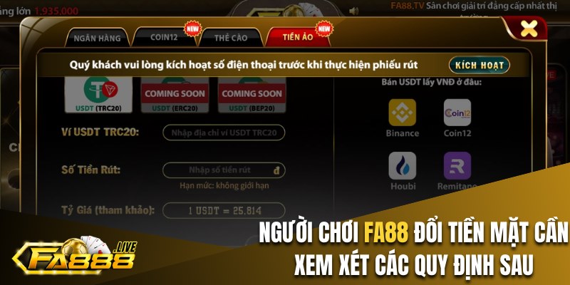 Người chơi FA88 đổi tiền mặt cần xem xét các quy định sau