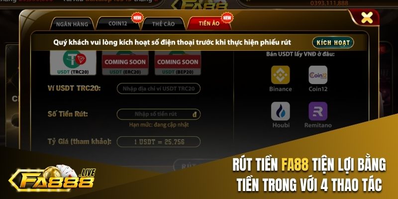 Rút tiền FA88 tiện lợi bằng tiền trong với 4 thao tác